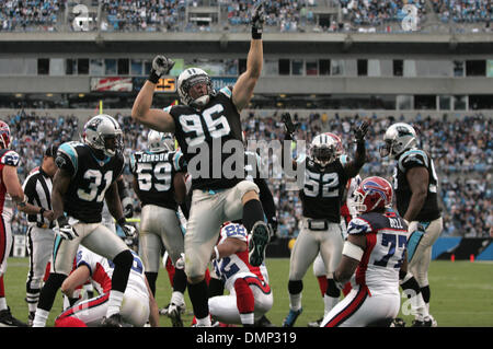 25. Oktober 2009 - Charlotte, North Carolina, USA - 25. Oktober 2009: Carolina Panthers defensive End Tyler Brayton #96 feiert eine Sicherheit im zweiten Quartal gegen die Rechnungen. Die Buffalo Bills besiegte die Carolina Panthers 20-9 bei Bank of America Stadium in Charlotte, North Carolina. (Kredit-Bild: © Margaret Bowles/Southcreek Global/ZUMApress.com) Stockfoto