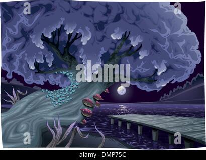 Landschaft mit Wasser in der Nacht. Stock Vektor