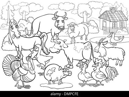 Bauernhof-Tiere-Karikatur für Malbuch Stock Vektor