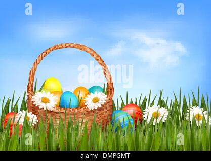 Ostern-Hintergrund. Ostereier und Blumen mit Korb in der gra Stock Vektor