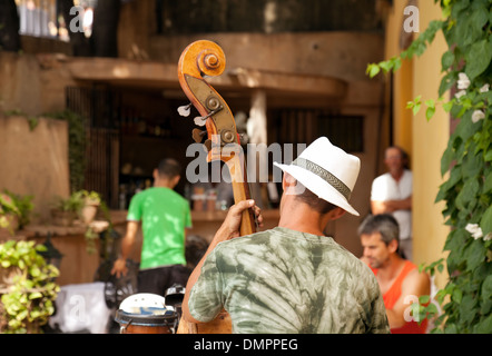 Ein Kontrabass-Spieler abspielen von Musik in einer Bar, Trinidad, Kuba, Karibik, Lateinamerika Stockfoto