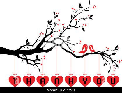 Vögel auf Baum mit roten Herzen, Vektor Stock Vektor