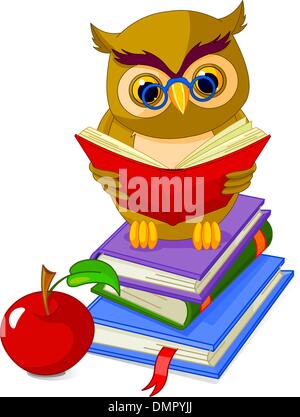Wise Owl sitzen auf Haufen Buch Stock Vektor