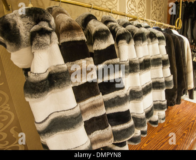 Teure echte Pelzmäntel hängt an einer Schiene im shop Stockfoto