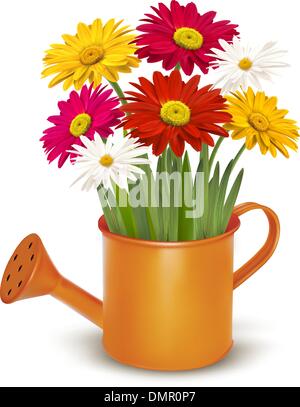 Bunte frische Frühlingsblumen in orange Gießkanne. Vektor krank Stock Vektor