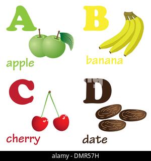 Alphabet Buchstaben A-D mit Früchten. Stock Vektor
