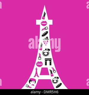 Retro-Paris-Eiffelturm-Silhouette mit Ikonen isoliert auf rosa Stock Vektor