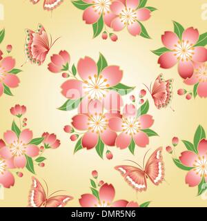 Orientalische Musterdesign Kirsche Blüte mit Schmetterling Stock Vektor