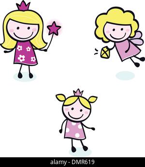 Niedliche Doodle & Fee Prinzessin Nähen Figuren Set isoliert auf weiss Stock Vektor