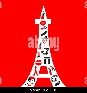 Retro-Paris-Turm-Silhouette mit Ikonen isoliert auf rot Stock Vektor