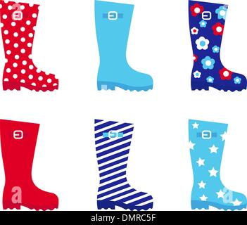 Frische & bunte Kautschuk Gummistiefel isoliert auf weiss Stock Vektor