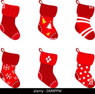 Rote retro Weihnachtssocken Kollektion zu isolieren, auf weiß Stock Vektor