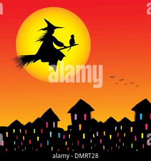Halloween-Hintergrund-Silhouette einer Hexe in einem Besen fliegen Stock Vektor