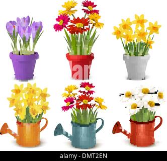 Sammlung von Frühling und Sommer bunte Blumen in Töpfen und wat Stock Vektor
