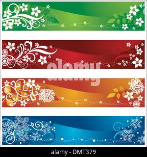 Vier saisonale Banner mit Blumen und Schneeflocken-design Stock Vektor