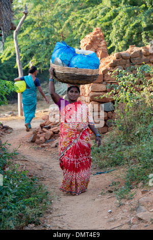 Indische Dorf Frau trägt einen Korb mit Taschen von Blumen auf dem Kopf in einem indischen Dorf. Andhra Pradesh, Indien Stockfoto