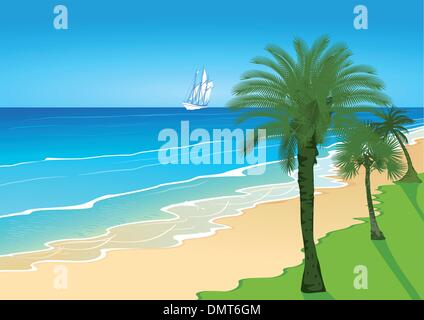 Strand mit Palmen und Segelschiff Stock Vektor
