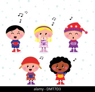 Niedliche multikulturellen singen & caroling Kinder isoliert auf weiss Stock Vektor