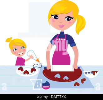 Niedliche Mädchen helfen, ihre Mutter mit Weihnachtsbäckerei Stock Vektor