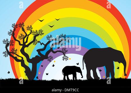 Baum, Elefanten und Regenbogen Stock Vektor