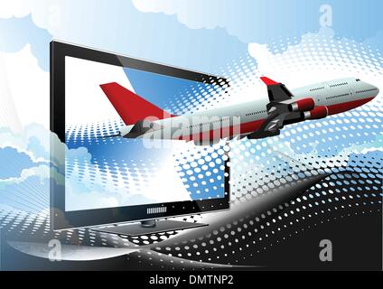 Blaue gepunktete Hintergrund mit flachen Computermonitor mit Passagier Stock Vektor