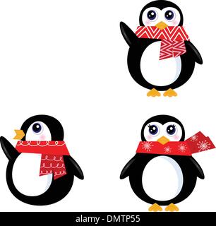 Retro-Pinguin Weihnachten set isoliert auf weiss (rot) Stock Vektor