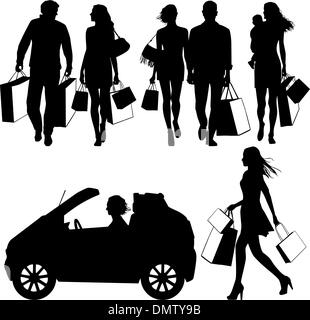 mehrere Personen, Einkaufen - Vector Silhouetten Stock Vektor