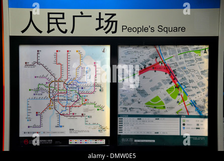 U-Bahn-Netz-Karte bei Peoples Square Station Shanghai China Stockfoto