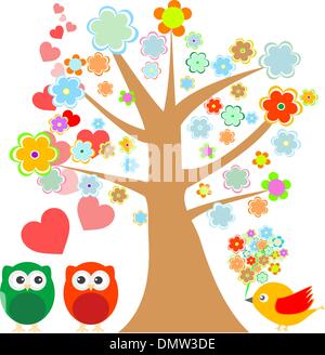 Eulen in Liebe und Vogel mit niedlichen Blumen Baum Stock Vektor