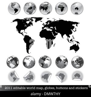 editierbare Welt Karte-Erde Globen-Buttons und Aufkleber Stock Vektor