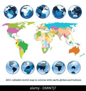 bearbeitbare Weltkarte in Farben mit Erde Globen und Tasten Stock Vektor