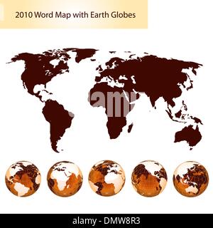 bearbeitbare Weltkarte mit Erde Globen auf braun Stock Vektor