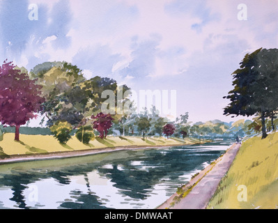 Aquarell-Malerei von Military Canal Hythe Kent UK Stockfoto