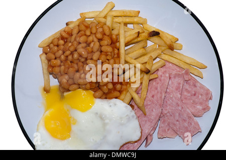 Pommes frites, gebackene Bohnen Spam und gebratenes Ei Essen auf einem Teller Stockfoto