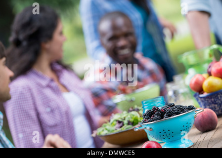 Eine Sommer-Party im Freien. Eine Gruppe von Freunden an einem Tisch. Stockfoto