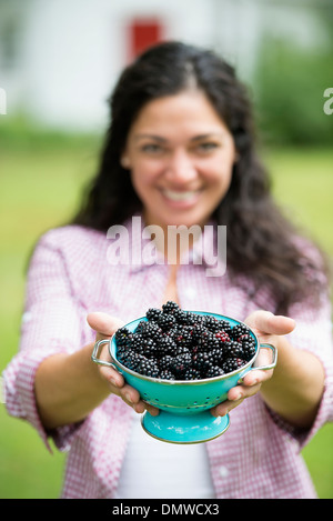 Eine Frau hält eine Schale mit frisch gepflückten Brombeeren. Stockfoto