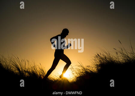 Seaton Carew in der Nähe von Hartlepool, UK. 17. Dezember 2013. Jogger läuft durch Dünengebieten Grass auf Sanddünen am Strand von Seaton Carew bei Sonnenaufgang auf eine glorreiche Dezembermorgen. Nassen und windigen Wetter dürfte für einen Großteil des Vereinigten Königreichs für die kommenden Tage mit Stürme im Nordwesten. Bildnachweis: ALANDAWSONPHOTOGRAPHY/Alamy Live-Nachrichten Stockfoto