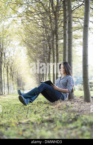 Sitzt eine Frau ein Buch unter Bäumen. Stockfoto