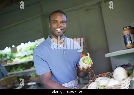 Ein Bio-Obst und Gemüse Bauernhof. Ein Mann Gemüse sortieren. Stockfoto