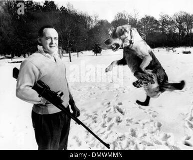 15. Februar 1947 - entspannen Surrey, British Columbia - Speed King war DONALD CAMPBELL (23. März 1921 - 4. Januar 1967) zu sehen mit seiner Waffe und seinen Hund im Garten seines Hauses in Horsehills, Surrey, mit einem Fleck von schießen auf Ziele vor Abreise nach Australien. (Kredit-Bild: © KEYSTONE Bilder USA/ZUMAPRESS.com) Stockfoto