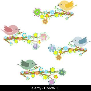 Vögel sitzen auf den Baum zu verschiedenen Jahreszeiten Stock Vektor