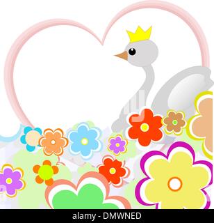 niedliche Ente im Herzen mit Blumen. Grußkarte Stock Vektor
