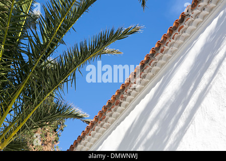 Palm Leaf Schatten auf weiße Wand, Yaiza, Lanzarote, Kanarische Inseln, Spanien Stockfoto