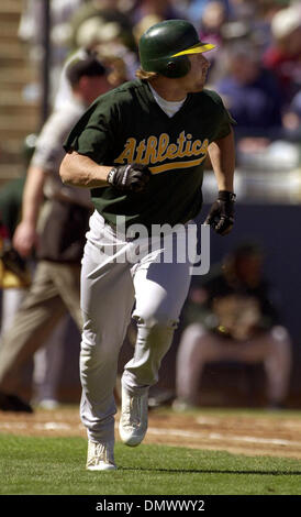 3. März 2002; Tempe, AZ, USA; Oakland Athletic Ramon Hernandez bekommt Vergangenheit das Tag von Engeln Catcher Bengie Molina im 4. Inning ihres Spiels Sonntag März 3,2002 im Tempe Diablo Stadium. Stockfoto