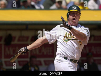 17. April 2002; Oakland, Kalifornien, USA; Oakland Athletics Jeremy Giambi, #7, reagiert nach schwingen auf einen Schlag gegen die Anaheim Angels Krug Ramon Ortiz, #36, im ersten Inning ihres Spiels auf Donnerstag, 18. April 2002 an Network Associates Coliseum in Oakland, Kalifornien Oakland Anaheim 4: 2 schlagen. Stockfoto