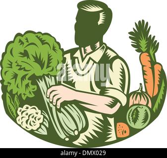 Bio-Landwirt grüne Lebensmittelhändler mit Gemüse Retro Stock Vektor