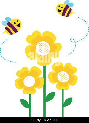 Niedliche Bienen fliegen um Frühlingsblumen isoliert auf weiss Stock Vektor