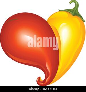Hot Chili Paprika rot und gelb. Zwei Pfeffer in Form von Herz - Symbol der Liebe zur mexikanischen Küche Stock Vektor