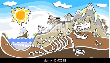 Dorf über einen riesigen Dinosaurier-Skelett Stock Vektor