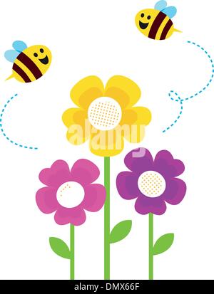 Niedliche kleine Bienen fliegen herum Blumen Stock Vektor